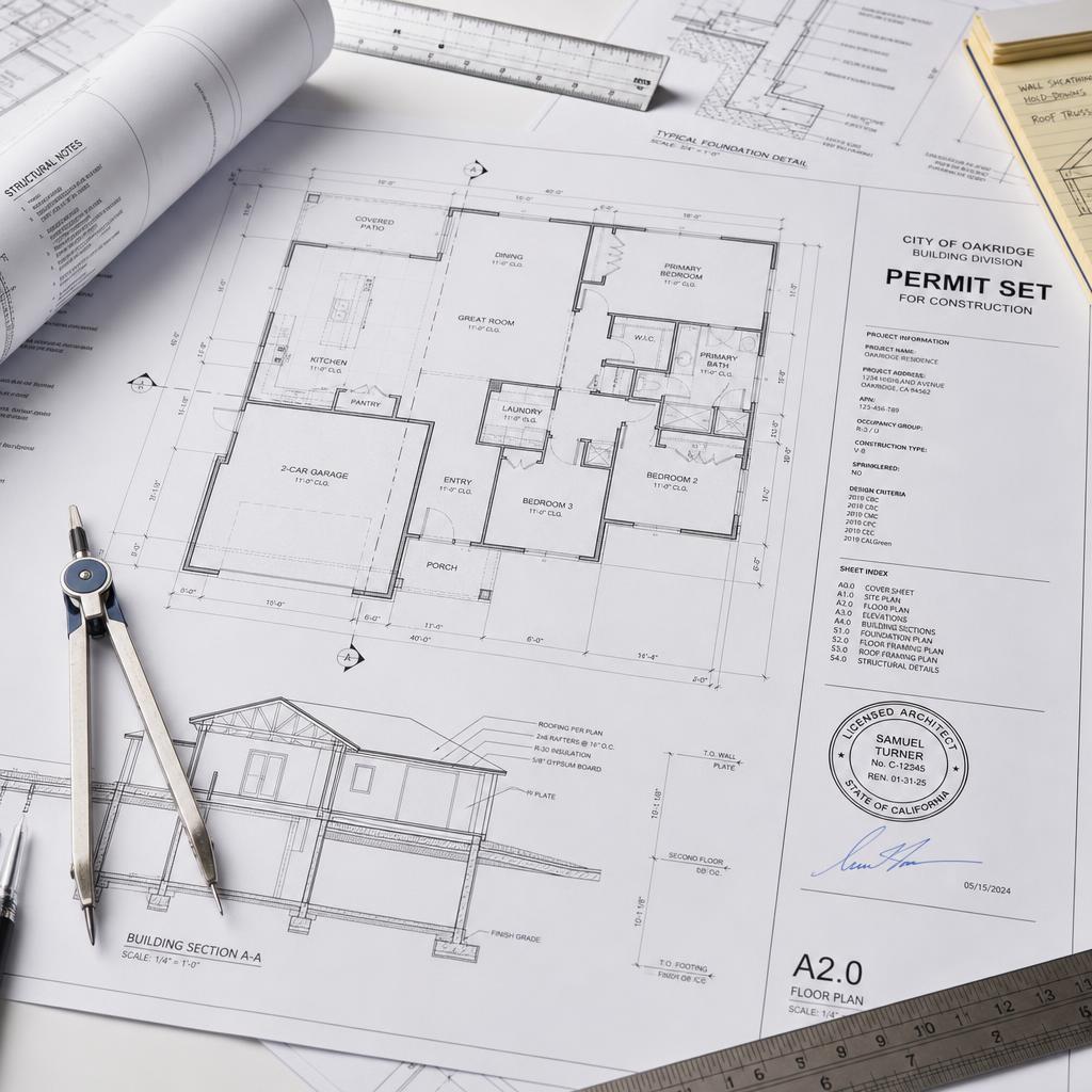 Architectural Blueprints on Drafting Table